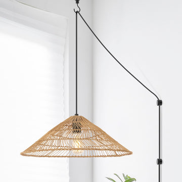Nova 20.25" Farmhouse Coastal Rattan 180" Cord Plug-In or Hardwired LED Pendant - JONATHAN Y